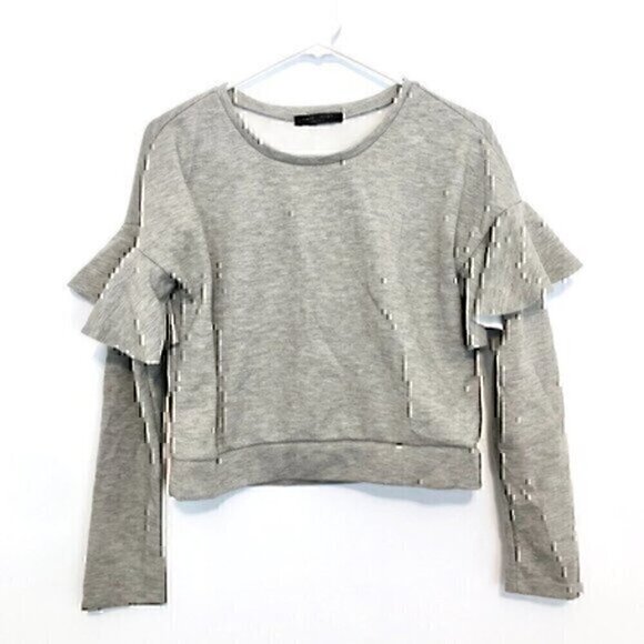 ROMEO JULIET COUTURE Heather Gray Ruffle Sleeve Crop Cropped Crewneck Sweatshirt - Picture 1 of 11